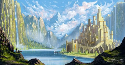 Lake Village by *Syntetyc on deviantART Lake Village, Fantasy Castle, Fantasy City, Fantasy Places, Fantasy Art Landscapes, Fantasy Concept Art, 판타지 아트, Fantasy Inspiration, Environment Concept Art