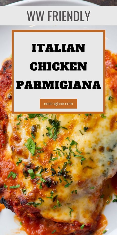 WW Friendly Italian Chicken Parmigiana Recipe. A hearty and healthy comfort food dinner. Lemon And Herb Chicken, Healthy Comfort Food Dinners, Sticky Chicken Recipe, Chicken Parmigiana Recipe, Baked Chicken Cordon Bleu, Parmigiana Recipe, Herb Chicken Recipes, Pineapple Chicken Recipes, Baked Pesto Chicken