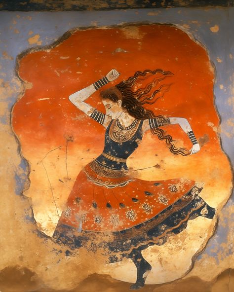 Minoan Dancer (In the style of a Minoan Fresco) Jeff Stanford, 2023. 3 Women Painting, Minoan Makeup, Modern Greek Art, Minoan Aesthetic, Ancient Greece Painting, Greek Fresco, Minoan Women, Minoan Fashion, Minoan Fresco