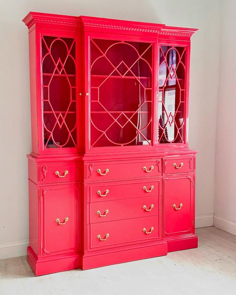 Our Deep Coral on a vintage China cabinet. Red China Cabinet, Vintage China Cabinet, Refinished Vintage Furniture, Vintage China Cabinets, Beautiful Spaces, Vintage China, Beautiful Space, China Cabinet, Vintage Furniture