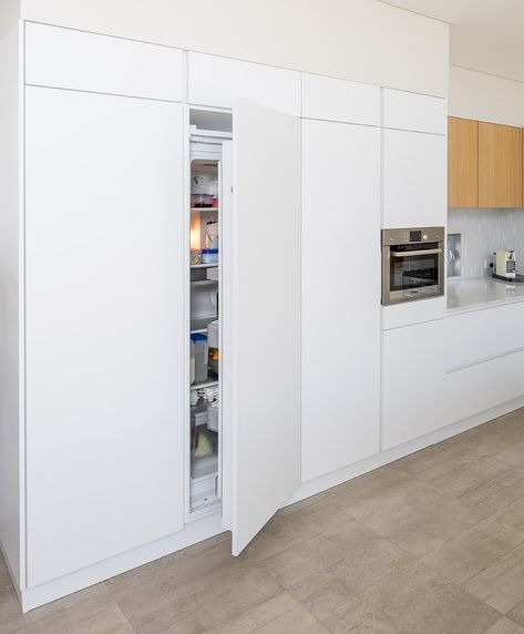 Integrated Fridge Kitchen, Integrated Appliances Kitchen, Integrated Refrigerator Cabinet, Full Height Integrated Fridge, Integrated Kitchen Appliances, Samsung Counter Depth Refrigerator, Tall Fridge, Modern Kitchen Design Grey, Integrated Refrigerator