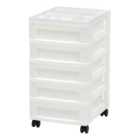 IRIS USA, 5-Drawer Narrow Plastic Storage Drawer Cart with Organizer Top, White - Walmart.com Plastic Storage Drawers, Drawer Cart, 5 Drawer Storage, Organization Cart, Craft Space, Utility Storage, Plastic Drawers, Storage Towers, Storage Cart