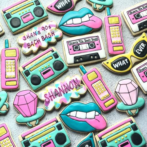 80s Theme Cookies Decorated, Boombox Cookies, 90s Theme Cookies, 90s Cookies Decorated, Early 2000 Party, Congrats Cookies, 90s Cookies, Prince Party Theme, 90s Theme Party Decorations