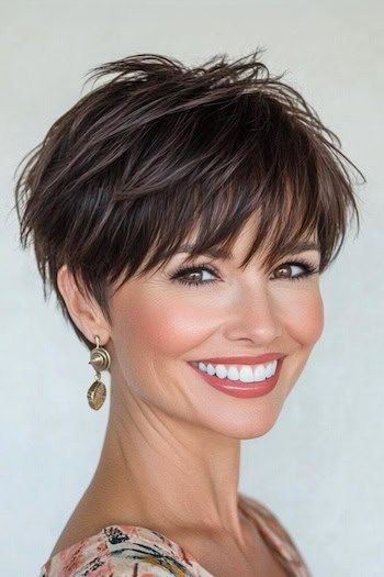 Save this pin for the best pixie hairstyles with bangs. Thanks to its choppy layers and piecey bangs, this playful style is filled with personality. It's a great choice for fine to medium hair since layers add volume and depth. Women's Pixie Haircuts, Layered Hair For Short Hair With Bangs, Layered Short Bob Haircuts, Piecey Bangs Short Hair, Pixie Haircut For Square Faces Fine Hair, Pixie Back View Short, Pixie Hairstyles Back View, Short Wavy Hair Styles Easy, The Hairstyle Edit