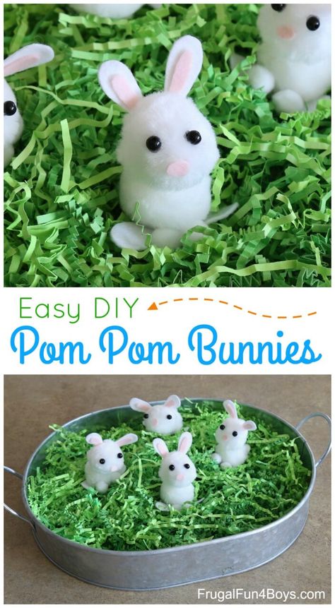 Pom Pom Bunnies Spring Craft - Frugal Fun For Boys and Girls Spring Bunny Crafts, Pom Pom Bunnies, Pom Pom Balls, Easter Arts And Crafts, Adorable Bunnies, Rabbit Crafts, Easter Activities For Kids, Easter Centerpiece, Diy Pom Pom