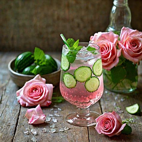 How To Make Rose Water and Cucumber Spritzer Print A refreshing and fragrant drink made with rose water and cucumber, perfect for a Cucumber Spritzer, Educational Photography, Rose Water Drink, Rose Water Recipe, Persian Dinner, Glowing Skin Juice, Make Rose Water, Rose Drink, Spritzer Recipes