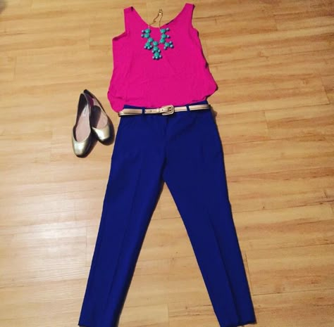 Blue Pants Pink Shirt Outfit, Blue And Fuschia Outfit, Pink And Royal Blue Outfit, Royal Blue Work Pants Outfit, Colbolt Blue Outfit, Hot Pink Blouse Outfit Work, Hot Pink And Blue Outfit, What To Wear With Blue Pants, Aqua Pants Outfit