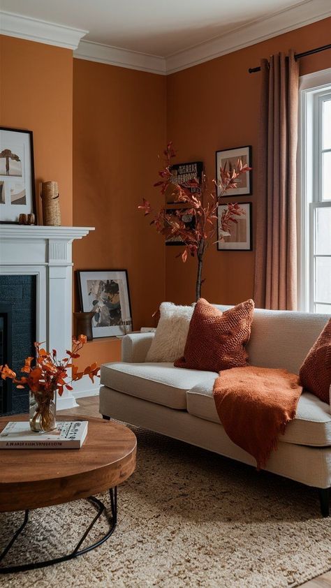 Burnt Orange Living Room, Fall Living Room Ideas, Orange Living Room, Podcast Ideas, Cream Living Rooms, Sala Grande, Fall Living Room, Cozy Fall Decor, Living Room Orange