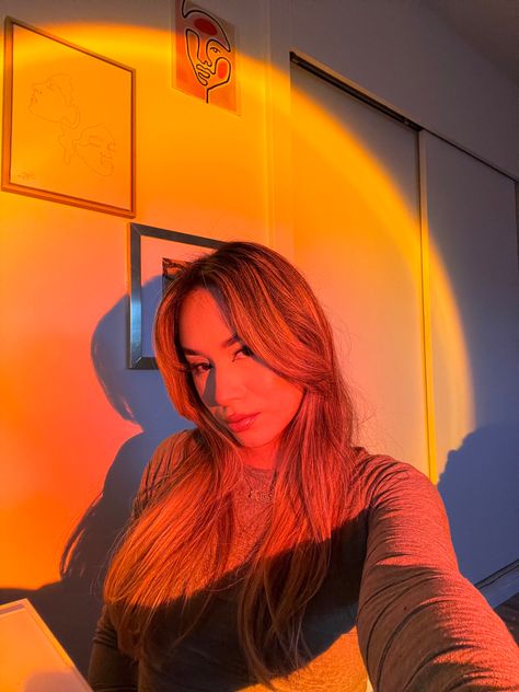 sunset orange lamp selfie Sunset Lamp Selfie, Sunset Selfies, Sunset Lamp Photoshoot, Salt Rock Lamp, Orange Lamps, Studio Portrait Photography, Lights Camera Action, Selfie Ideas Instagram, Dark Room