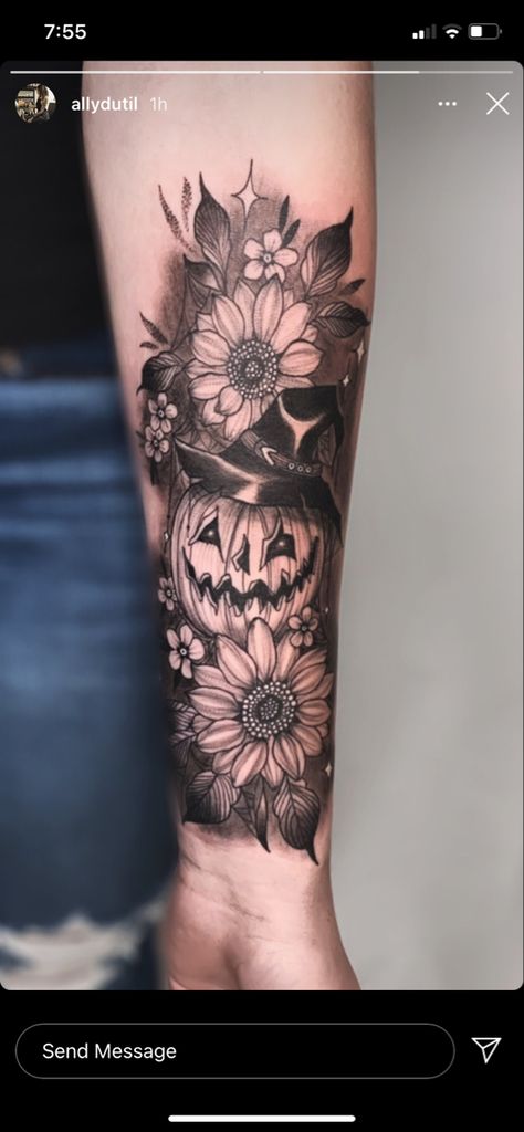 Halloween Tattoos With Flowers, Sunflower Halloween Tattoo, Halloween Flower Tattoo Ideas, Halloween Cover Up Tattoos, Sunflower Pumpkin Tattoo, Fall Themed Tattoos Sleeve, Spooky Sunflower Tattoo, Pumpkin Floral Tattoo, Black And White Pumpkin Tattoo