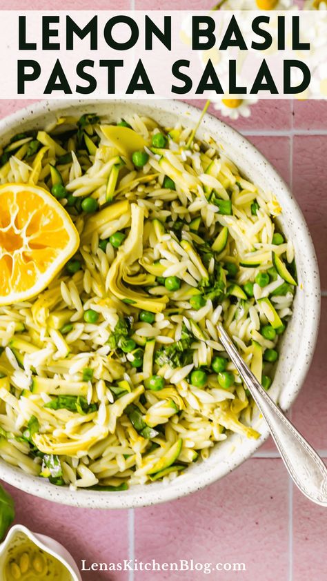 This Lemon Basil Pasta Salad is a must for spring and summer. Every bite is bright and fresh thanks to the mix of orzo pasta, summer vegetables, Italian herbs, and white wine vinaigrette. Each serving will help you celebrate the warm weather in style! Green Orzo Pasta Salad, Spring Orzo Pasta Salad With Crispy Shallot Vinaigrette, Spring Orzo Pasta Salad, Pasta Salad With Lemon Vinaigrette, Macaroni Grill Orzo Pasta Salad, Primavera Pasta Salad, Trader Joe’s Lemon Basil Pasta Salad, Lemon Basil Orzo Salad, Lemon Pasta Salad Recipes