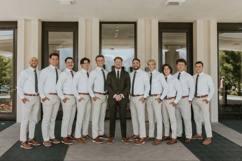 Groomsmen Olive Green Tie, Groomsmen In Khaki Pants, Groomsmen Attire Tan Pants, Black And Tan Groomsmen, Groom Khaki Pants White Shirt, Sage Wedding Groomsmen Attire, Shades Of Green Groomsmen, Green Groom Suit Tan Groomsmen, Tan Pants Groomsmen