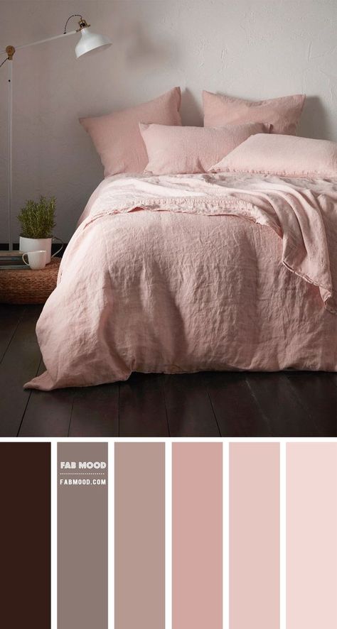 Chocolate Brown and Pink Colour Palette For Bedroom  A beautiful calm and soothing earth tones bedroom colour scheme.  A beautiful earth tones colour combination of Chocolate brown + Pink. We love the wall that painted in mute pink. Rust Orange And Pink Bedroom, Brown And Pink Apartment, Brown And Pink Color Scheme, Mauve Color Palette Bedrooms, Pink Bedroom Color Palette, Chocolate Brown Color Combinations, Pink Brown Color Palette, Brown And Pink Bedroom, Pink And Brown Bedroom Ideas