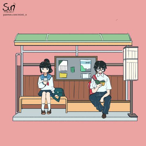 Bus Stop Reference, Anime Bus Stop, Japan Bus Stop, Bus Stop Illustration, Bus Stop Drawing, Two Suns, Bloxburg Houses, Tumblr Drawings, Sun Projects