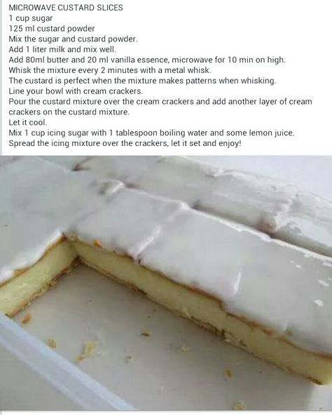 Microwave custard slice with cream crackers. Microwave Custard, Custard Slices, Custard Slice, Cream Crackers, African Dessert, African Cooking, Microwave Recipes, Fun Baking Recipes, Milk Recipes