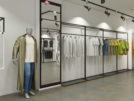 clothing display rack, clothing display stand, black clothing display rack Men Clothing Store Design Ideas, Men's Clothing Store Design, Clothing Store Interior Design, Fashion Shop Interior, Hardware Display, Clothing Display Rack, Wall Hanging Rack, Store Interior Design, Shoe Store Design