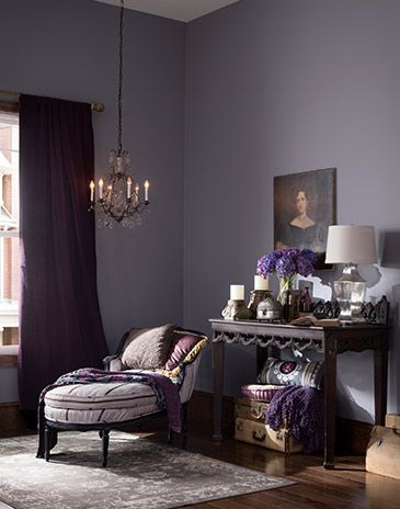 Using Nature for Color Inspiration | Sherwin-Williams Living Room Dark Wood Floor, Purple Wall Paint, Purple Paint Colors, Lavender Room, Purple Living Room, Media Room Design, Color Combinations Paint, Purple Bedrooms, Purple Bedroom