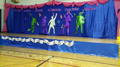 This was for a Talent Show celebration at a High School.  It was a mix of some of other Pinterest projects ideas and myself. I hung up some curtains, made valances with panels and added some 5 foot dancing silhouettes with musical notes Variety Show Ideas, Sports Day Decoration, Got Talent Show, Show Ideas, Hollywood Party Decorations, Arts Month, Stage Ideas, Babymoon Photos, Wake Ideas