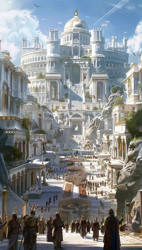 Dnd Capital City, Ancient Kingdom Concept Art, Beautiful Kingdom Art, Giant City Fantasy Art, Imperial City Fantasy Art, Noble District Fantasy Art, Magepunk City, Fantasy Capital City Art, Fire Kingdom Art