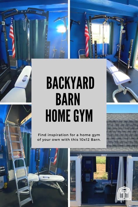 Workout from home with a new home gym. Our customer turned his backyard barn into a complete home gym, with plenty of room for at home workouts, at home weight training, and even extra room for storage space in the storage loft above. With a custom backyard barn, Chris designed a complete home gym. Make room for home workouts with a backyard exercise room. Design a home gym with all the room you need for home workouts with room for all your at home exercise equipment Backyard Exercise, At Home Weight Training, Home Weight Training, Gym Shed, Home Exercise Equipment, Daily Workout Routine, Backyard Barn, Workout From Home, Custom Backyard