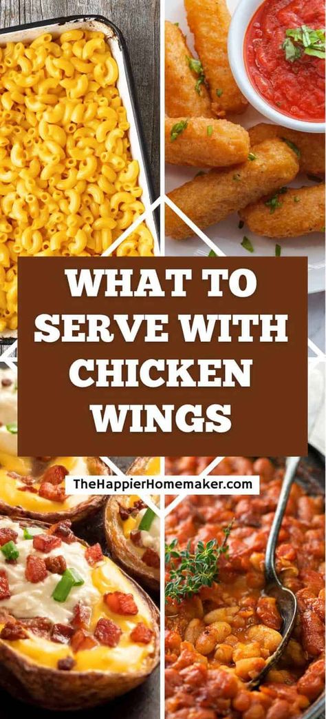 Wondering what to serve with chicken wings? These tasty sides go perfectly with this game day classic! Food To Go With Wings, Chicken Wings Meal Sides, Sides That Go With Wings, What Goes With Wings, Chicken Wing Meals Sides, What Goes With Chicken Wings, What To Eat With Wings, Sides To Go With Chicken Wings, What To Serve With Wings