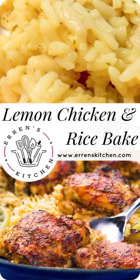 This easy one-pot recipe for Lemon Chicken & Rice Bake is a scrumptious dish made entirely from scratch and sure to please a crowd. Lemon Rice Chicken Bake, Lemon Chicken For A Crowd, Lemon Chicken Rice Recipe, Lemon Chicken And Rice Recipes, Lemon Chicken Casserole Recipes, Chicken Thigh Rice Bake, One Dish Chicken And Rice Bake, Baked Lemon Chicken And Rice, Lemon Rice Chicken