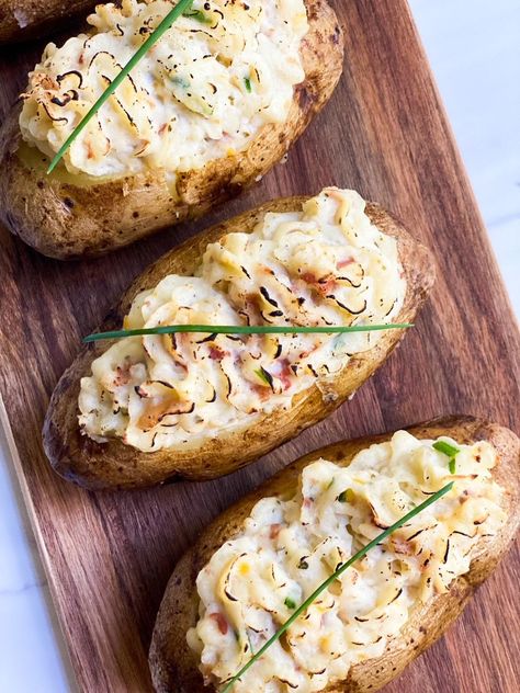 Boursin Cheese Twice Baked Potatoes - DeSocio in the Kitchen Fancy Twice Baked Potatoes, Twice Baked Potatoes With Boursin Cheese, Boursin Twice Baked Potato, Double Stuffed Baked Potatoes, Boursin Potatoes, Vday Dinner, Double Baked Potatoes, Casserole Vegetable, Yummy Potatoes