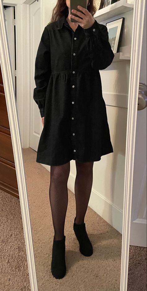 Black denim dress, patterned tights, black suede boots •holiday outfit •winter outfit •fall outfit Holiday Outfit Winter, Holiday Outfits Winter, Black Denim Dress, Patterned Tights, Black Suede Boots, Holiday Outfit, Outfit Fall, Outfit Winter, Winter Outfit