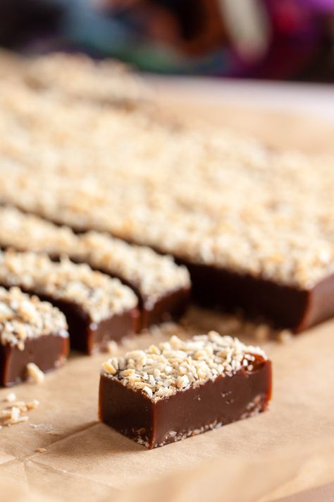 The base caramel in these chocolate coconut caramels is so good they'd be great without the coconut too. But the two flavours work perfectly together. Braised Tofu Recipe, Braised Tofu, Tofu Recipe, Coconut Caramel, Pecan Cookies, Homemade Candies, Candy Bars, Survival Food, Chocolate Coconut