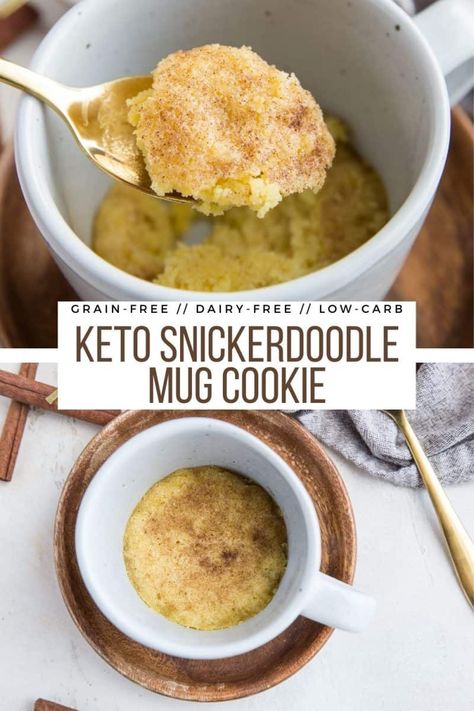 Keto Snickerdoodle Mug Cookie - low-carb, grain-free, sugar-free, dairy-free single-serve dessert recipe in a mug! Tastes just like a traditional Snickerdoodle! Keto Single Serve Dessert, Recipe In A Mug, Snickerdoodle Muffins Recipe, Gluten Free Snickerdoodle Cookies, Single Serve Dessert Recipes, Mug Dessert Recipes, Gluten Free Dairy Free Breakfast, Soft Snickerdoodle Cookies, Gluten Free Snickerdoodles