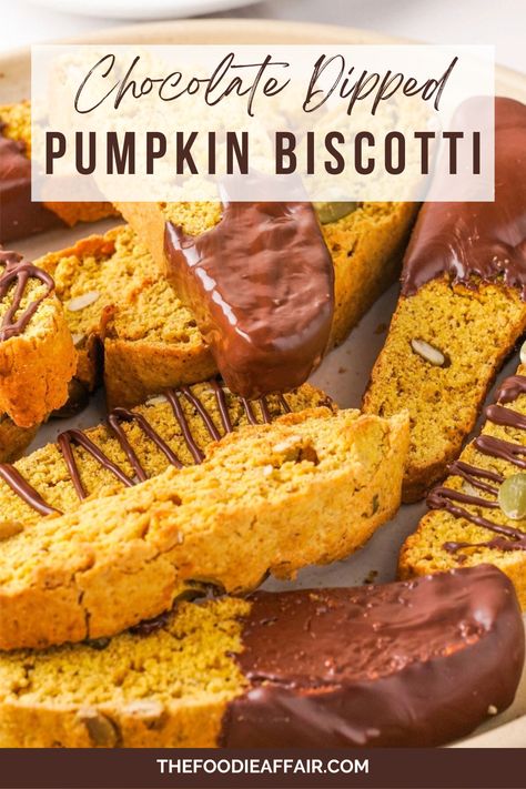 Pumpkin Biscotti Dipped in Chocolate - The Foodie Affair Dipping Cookies In Chocolate, Pumpkin Spice Biscotti, Pumpkin Biscotti Recipe, Pumpkin Appetizers, Pumpkin Biscotti, Chocolate Biscotti, Birthday Cake Decorating Ideas, Sunday Dinners, Dipped In Chocolate