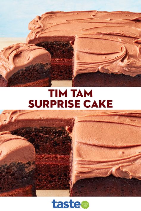 The best kind of surprise is a Tim Tams surprise! You can use different Tim Tam flavours each time you make this super simple surprise cake – try salted caramel or red velvet for an extra indulgent twist. Aussie Desserts, Tim Tam Cake, Tim Tams, Surprise Cake, Baking Treats, Tim Tam, Half Birthday, 1 Cake, Slices Recipes