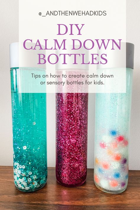 Calming Bottles For Kids Diy, Calming Jar Diy Glitter Bottles, How To Make A Sensory Bottle, Sensory Bottles Diy, Diy Calm Down Bottle, Calm Sensory Bottles, Diy Sensory Bottles, Voss Water Bottle, Glitter Sensory Bottles