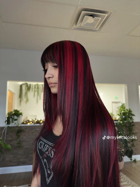 Red Hair With Black Highlights, Hair Inspo Y2k, Red Chunky Highlights, Red Skunk Stripe, Red Hair Streaks, Black Hair With Red Highlights, Hair Trends 2024, Alternative Hairstyles, Red Hair Looks