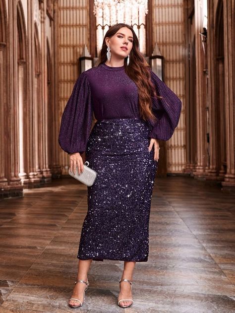 Plus Size Sequin Skirt, Purple Skirt Outfit, Soiree Outfits, Long Purple Skirt, Plus Size Party Wear, Event Dresses Classy, Simple Elegant Dresses, Sequins Top Outfit, Evening Wear Tops