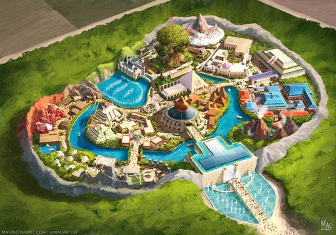 Theme Park Concept Art, Park Concept Art, Theme Park Design, Theme Park Planning, Roller Coaster Tycoon, Theme Park Map, Storytelling Art, Park Concept, Planet Coaster