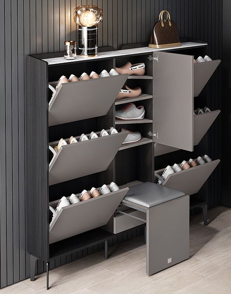 Modern Shoe Rack Design Ideas, Luxury Shoe Cabinet, Shoe Storage Cabinet Entryway, Shoe Rack Cabinet Design, Narrow Shoe Cabinet, Shoe Storage Design, Smart Houses, Shoe Cabinet Design, Bed Designs With Storage