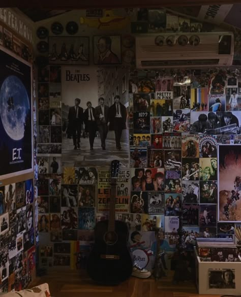 Room Full Of Posters Aesthetic, Old Bedroom Ideas Vintage, Cluttered Poster Wall, Room Inspo Aesthetic Vintage Indie, Old Rock Music Aesthetic, Old Rock Posters, Rock And Roll Room Ideas, The Beatles Bedroom, Vintage Rock Room Ideas