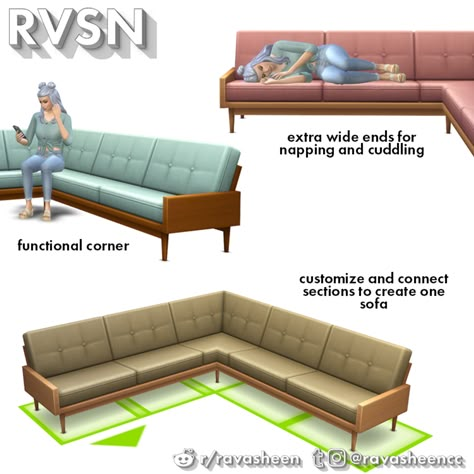 sofa Sims 4 Cc L Shaped Couch, Ravasheen Cc, Ts4cc Furniture, Murphy Bed Couch, L Couch, Furniture Cc, Casas The Sims 4, L Shaped Couch, Sims 4 Mm