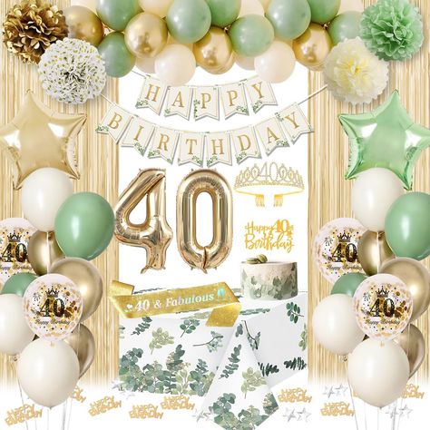 PRICES MAY VARY. Sage Green Birthday Decorations 40th: The package contains 20 sage green balloons, 15 sandy white balloons, 10 metallic gold balloons, 5 40th birthday confetti balloons, 40 balloon numbers, 2 star foil balloons, 40th birthday sash and crown, 4 paper pompoms flowers, 1 green happy birthday banner, 1 sage green tablecloth, 2 gold fringe curtains, 10g gold birthday confetti, happy 40th birthday cake topper. Enough quantity to meet your party decorating needs Quality Green and Gold 40th Birthday Sash, 40th Birthday Party For Women, 60th Birthday Balloons, 60th Birthday Cake Toppers, 40th Birthday Balloons, 40th Birthday For Women, 40th Birthday Cake Topper, Balloon Numbers, Fringe Curtains