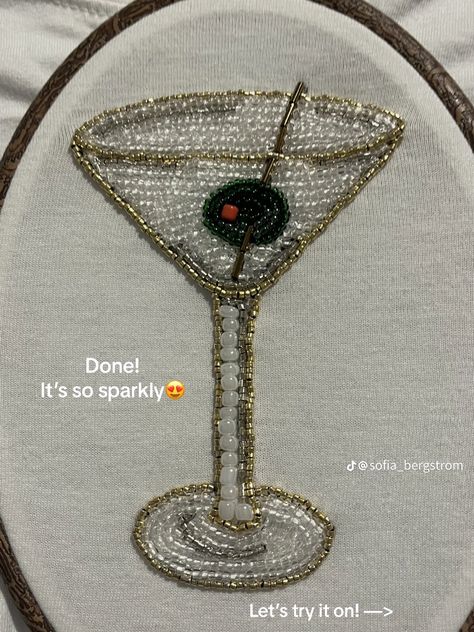 Beaded Martini Shirt, Embroidery With Pearls Ideas, Diy Pearl Embroidery, Martini Beaded Embroidery, Cute Bead Embroidery, Pearls Embroidery Designs, Beaded Tops Diy, How To Do Beaded Embroidery, Beaded Embroidery Inspiration