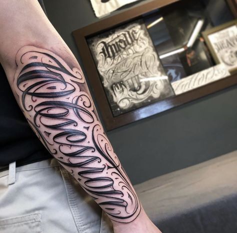 Forearm Lettering Tattoo Men, Ambition Tattoo, Typographic Tattoo, Arm Tattoos Lettering, Name Tattoos On Arm, Outer Forearm Tattoo, Cursive Tattoos, Men Tattoos Arm Sleeve, Lettering Tattoo