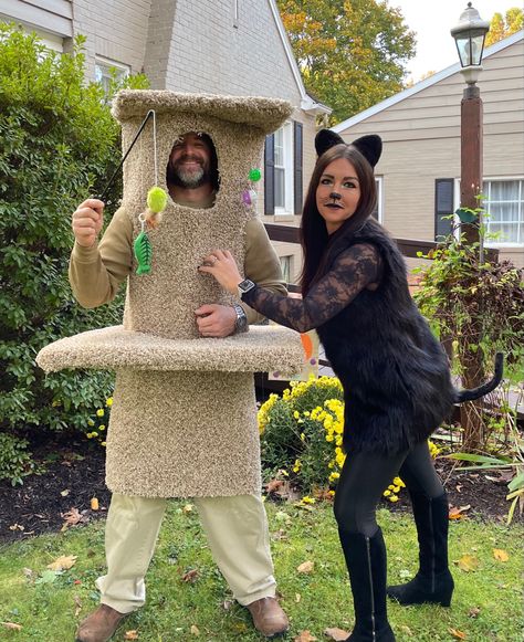 Cat And Scratching Post Costume, Grey Cat Halloween Costume, Male Cat Costume, Family Cat Costumes, Cat Family Costume, Easy Mens Halloween Costumes Diy, Cat Couples Costume, Cat Couple Costume, Mens Cat Costume