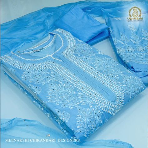 Stunning Sky-Blue Chikankari Kurta by Meenakshi Designers. Step into elegance with our sky-blue Chikankari kurta, handcrafted with love in Lucknow. Perfect for any Occastion, this outfit blends traditional craftsmanship with modern style. 🔹 Authentic Lucknow Chikankari 🔹 Beautiful sky-blue color 🔹 Ideal for party wear Inframe: @jyothikamunirathnamoffl . . . . . . . Visit our stores: Hyderabad: Banjara Hills | Gachibowli | Chandanagar | Vizag For more information.📞 Contact us: 9115573999... Chikankari Kurta, Lucknowi Chikankari, Celebrity Closet, Women's Fashion Set, Indian Embroidery, Hand Embroidery Design, Beautiful Sky, Celebrity Dresses, Festival Outfit