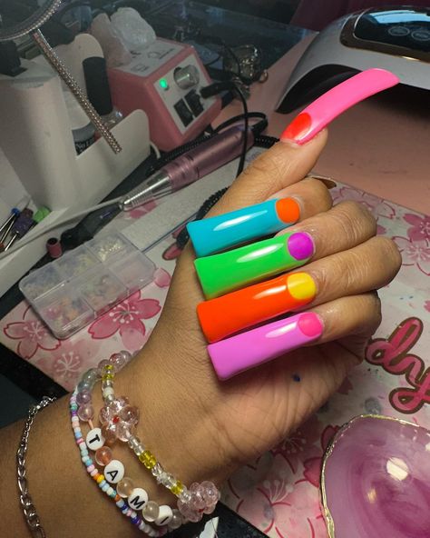 colorful junk nails for new york🪸 Xxl Junk Nails, Nails For New York, Bubble Nails, Junk Nails, Nail Appointment, Curved Nails, 2024 Nails, Duck Nails, Colored Acrylic