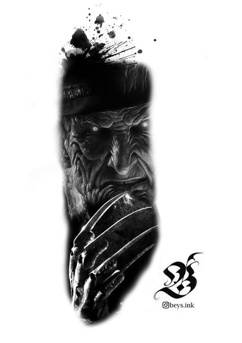 Horror tattoo design Freddie Krueger Tattoo, Classic Horror Tattoo Ideas, Freddy Tattoo Design, Horror Neck Tattoo, Freddy Krueger Tattoo Stencil, Freddie Kruger Tattoo, Freddy Krueger Tattoo Design, Horror Sleeve Tattoo, Horror Themed Tattoos