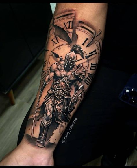 Sands Of Time Tattoo, Knight Tattoos, Half Arm Sleeve Tattoo, Half Sleeve Tattoo Stencils, Warrior Tattoo Sleeve, Gladiator Tattoo, Personal Beliefs, Spartan Tattoo, Lion Tattoo Sleeves