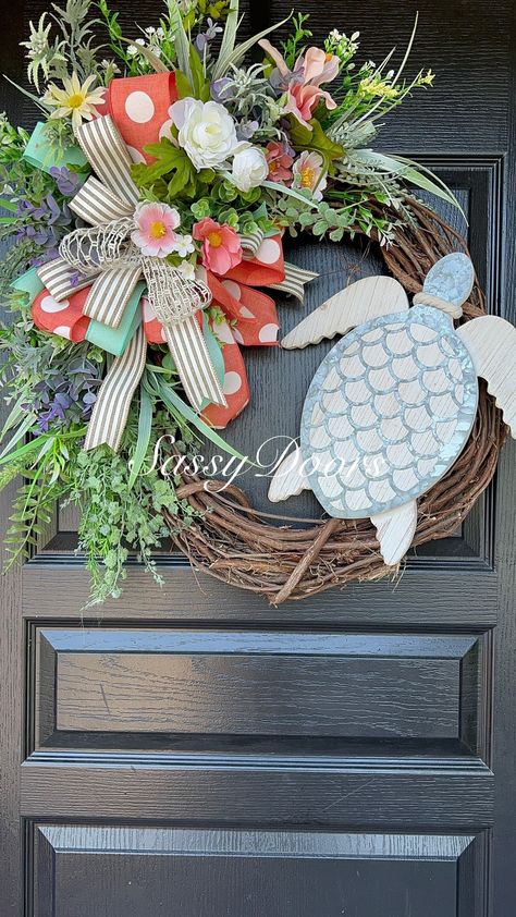 Turtle Wreath, Rustic Front Door, Tropical Wreath, Coastal Wreath, Vine Wreath, Beach Wreath, Unique Doors, Pink Silk, Wreath Crafts