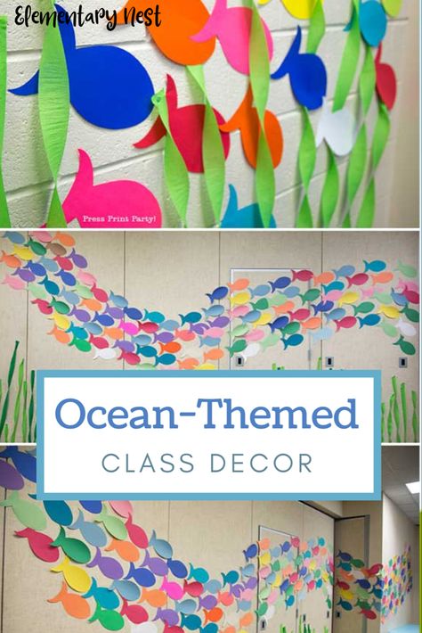 Ocean Theme Reading Area, Ocean Decor For Classroom, Classroom Ocean Theme Decorations, Fish Theme Classroom Ideas, Fish Themed Preschool Classroom, Ocean Theme For Classroom, Beach Decor Classroom Ocean Themes, Ocean Theme Library, Ocean Classroom Theme Decorations