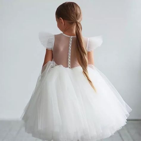 Flower Girl Dress Or Any Celebration Gaun Tulle, White Tulle Wedding Dress, Tutu En Tulle, Kids White Dress, Tulle Dress Long, Girls Tutu Dresses, Wedding Dresses With Flowers, Ceremony Dresses, Elegant Girl